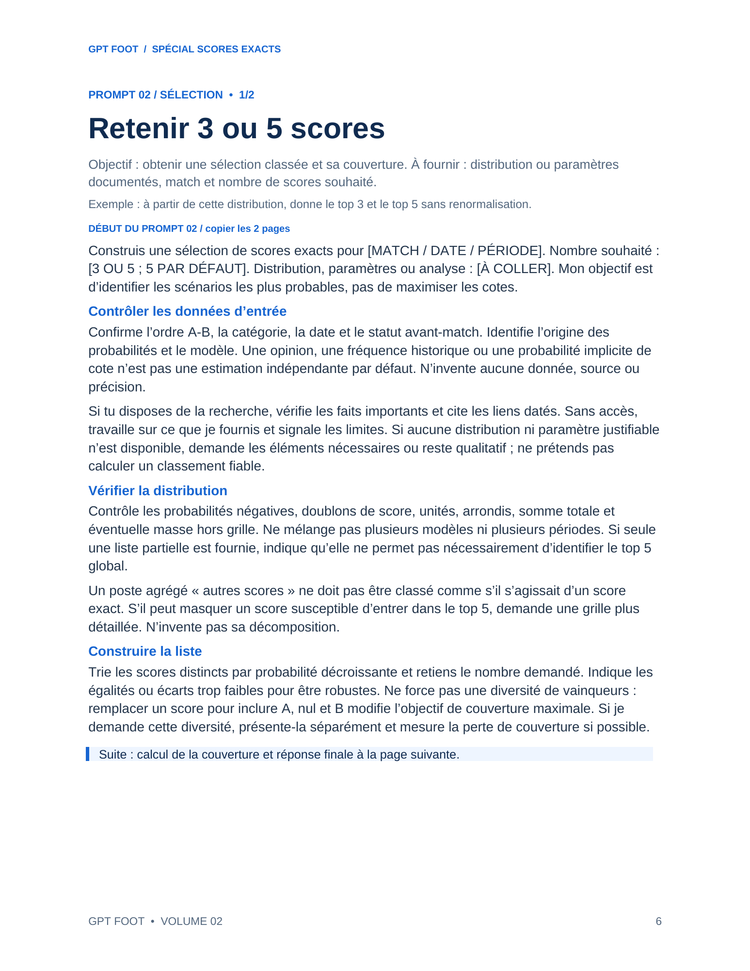 Page du prompt pour construire une sélection de scores exacts