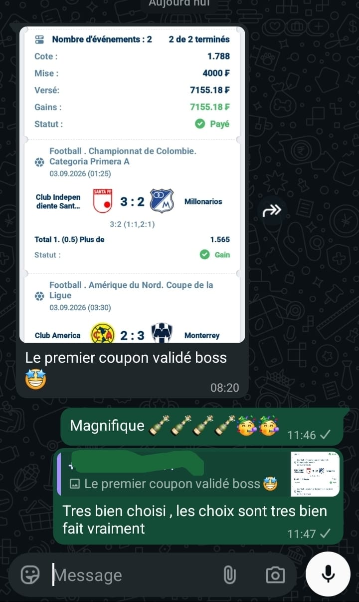 Retour WhatsApp indiquant qu’un premier coupon a été validé