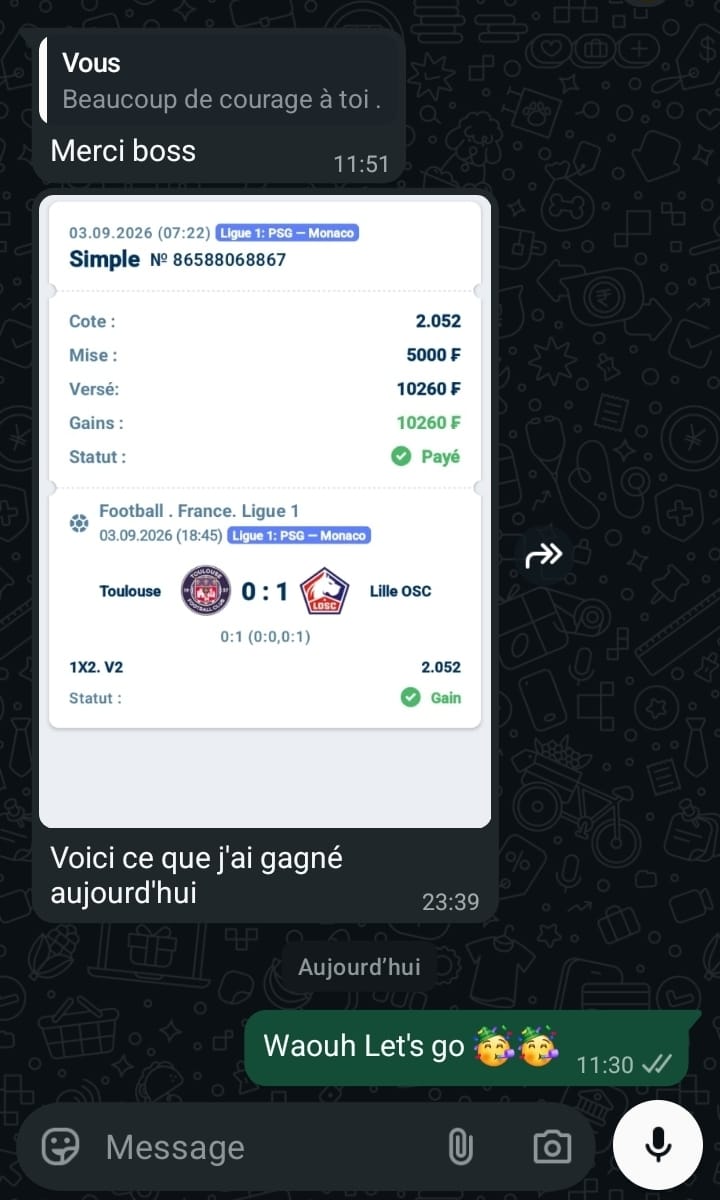Retour WhatsApp avec une capture de pari et un message de remerciement
