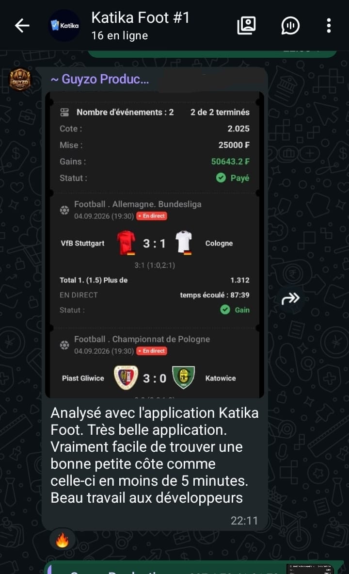 Retour distinct mentionnant l’application Katika Foot