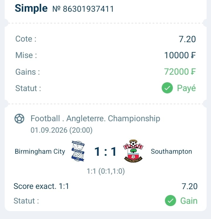 Capture d’un score exact 1 à 1 partagé comme gagnant