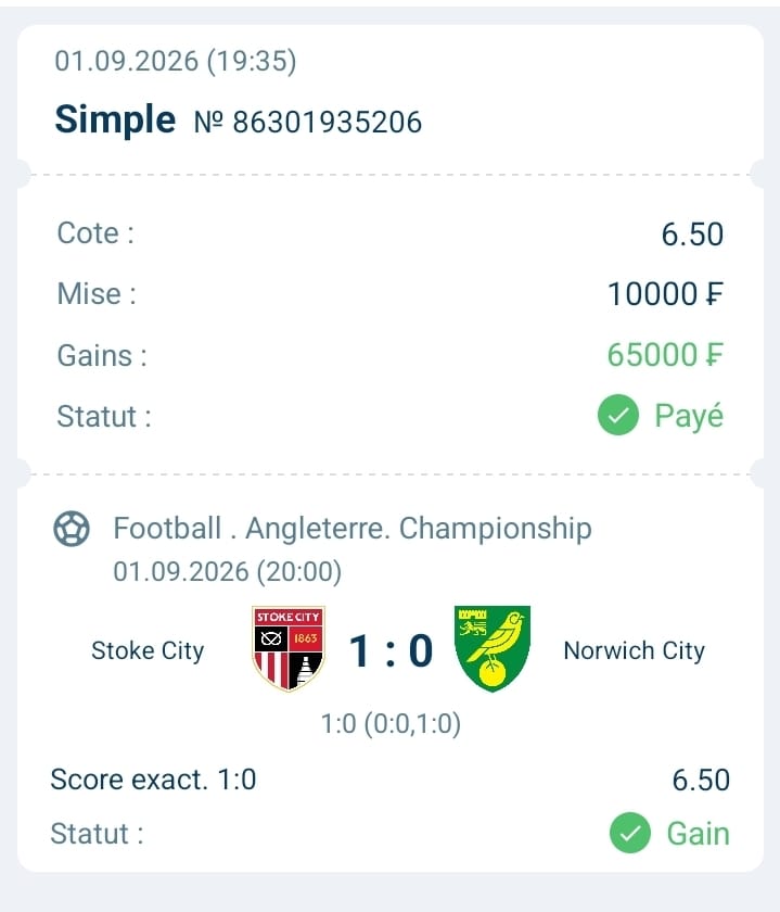 Capture d’un score exact 1 à 0 partagé comme gagnant
